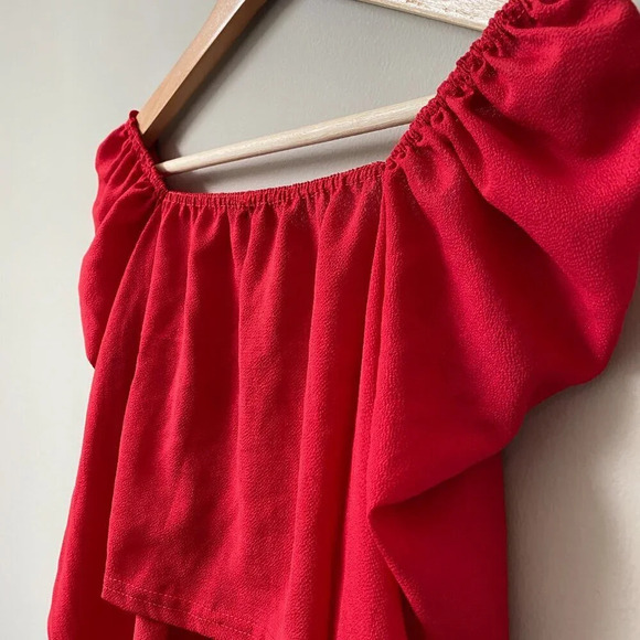 PrettyLittleThing Women's Size 2 Puff Long Sleeve Tie Bow Crop Top Blouse Red - Picture 14 of 16